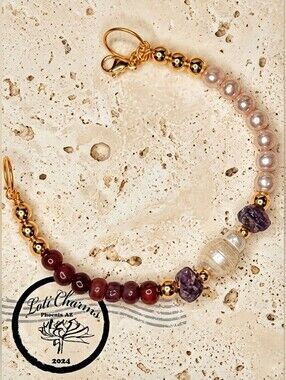 Genuine Natural  Red Ruby & Baroque Pearl In Artisan Handctafted  Bead Bracelet